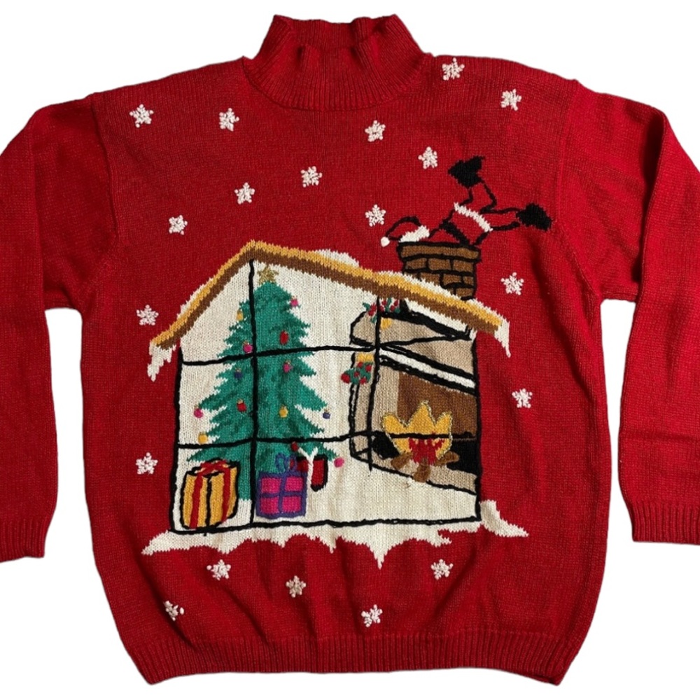 Santa Chimney Christmas Sweater M Cotton Ramie Vintage Red Tree Presents